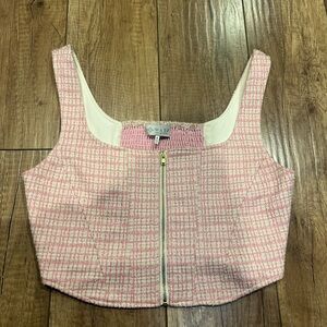 Wayf Pink and White Plaid Tweed Zip-up Corset Crop Top